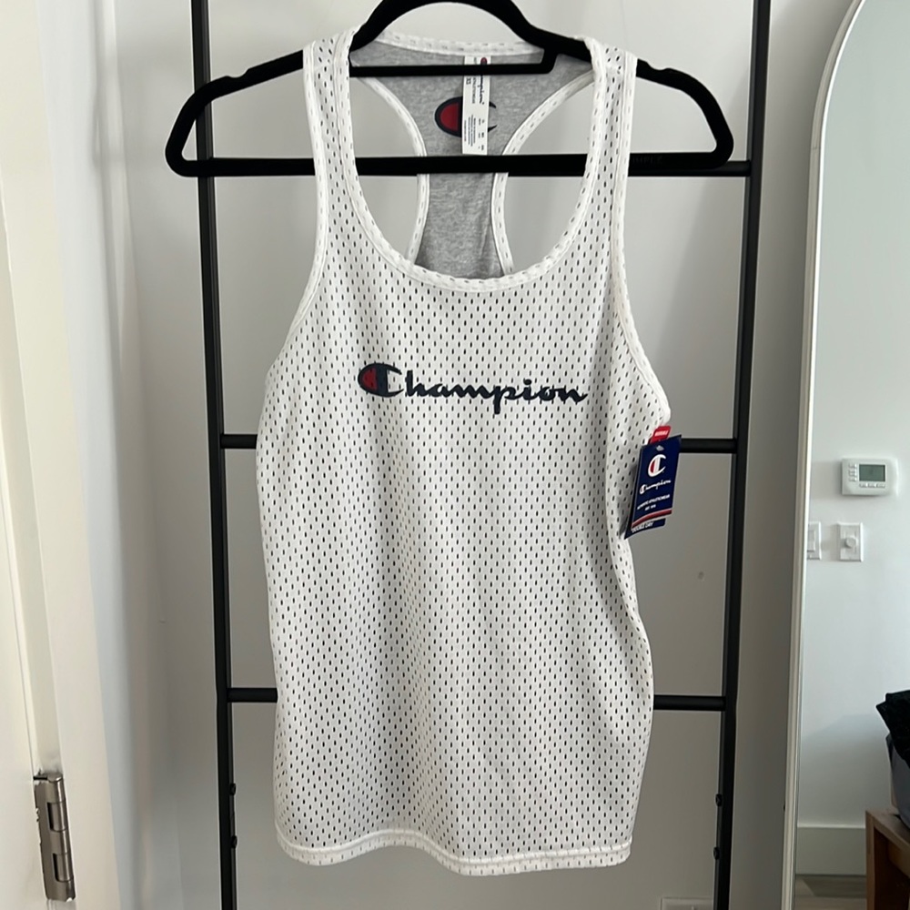Champion White Mesh Racerback Tank with Navy & Red Logo